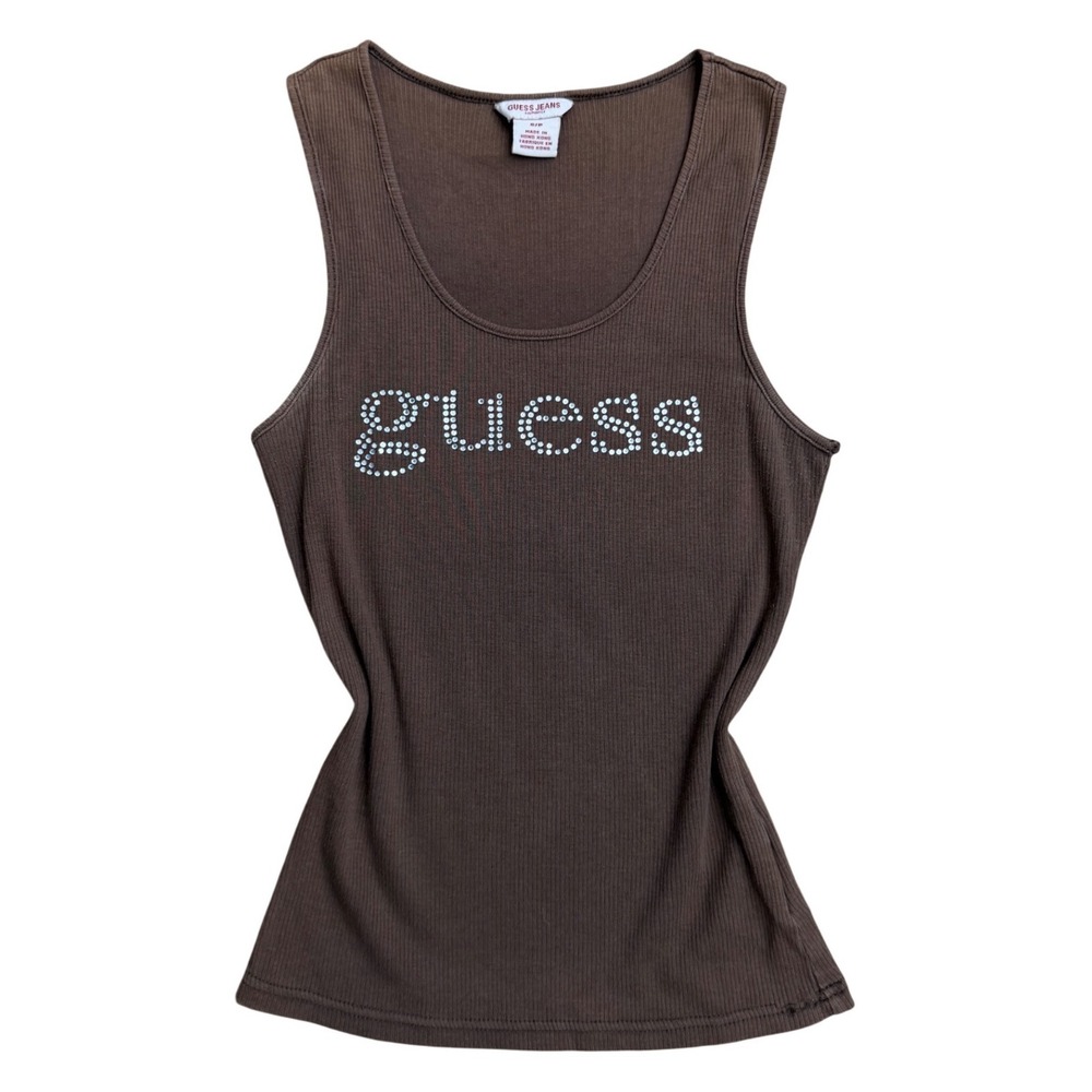 Vintage Guess Jeans Brown Rhinestone gem Logo Ribbed Tank Top Y2K S
